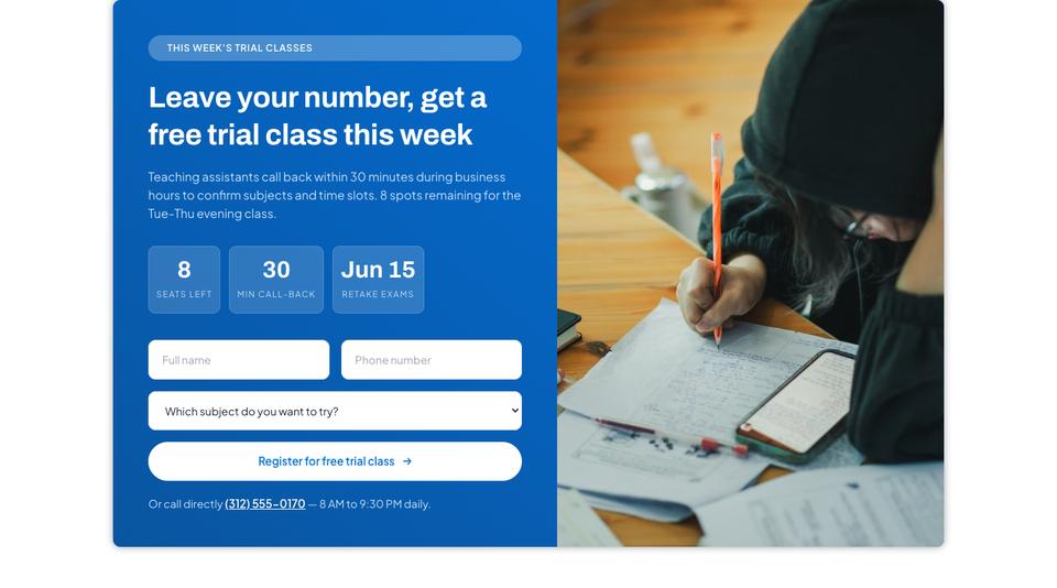 Course Enrolment template — Book a trial class section
