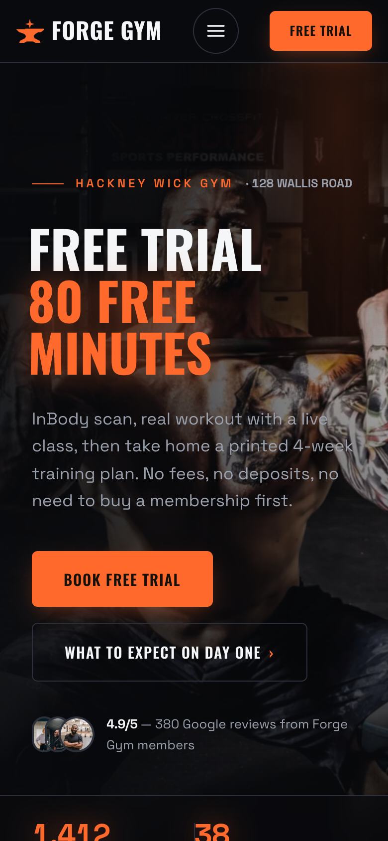 Gym landing page template on a phone