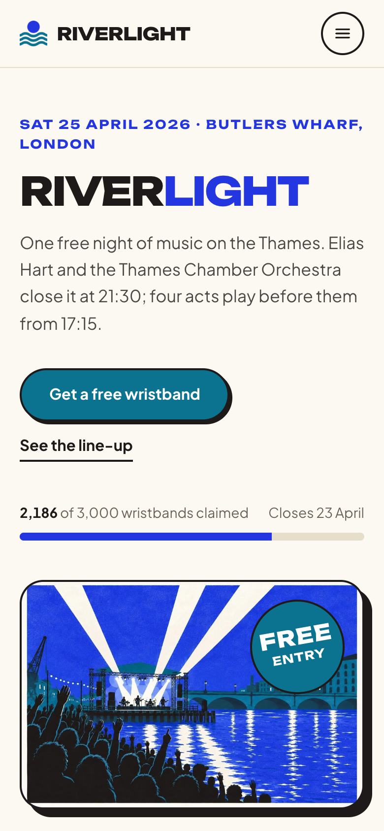 Event landing page template on a phone