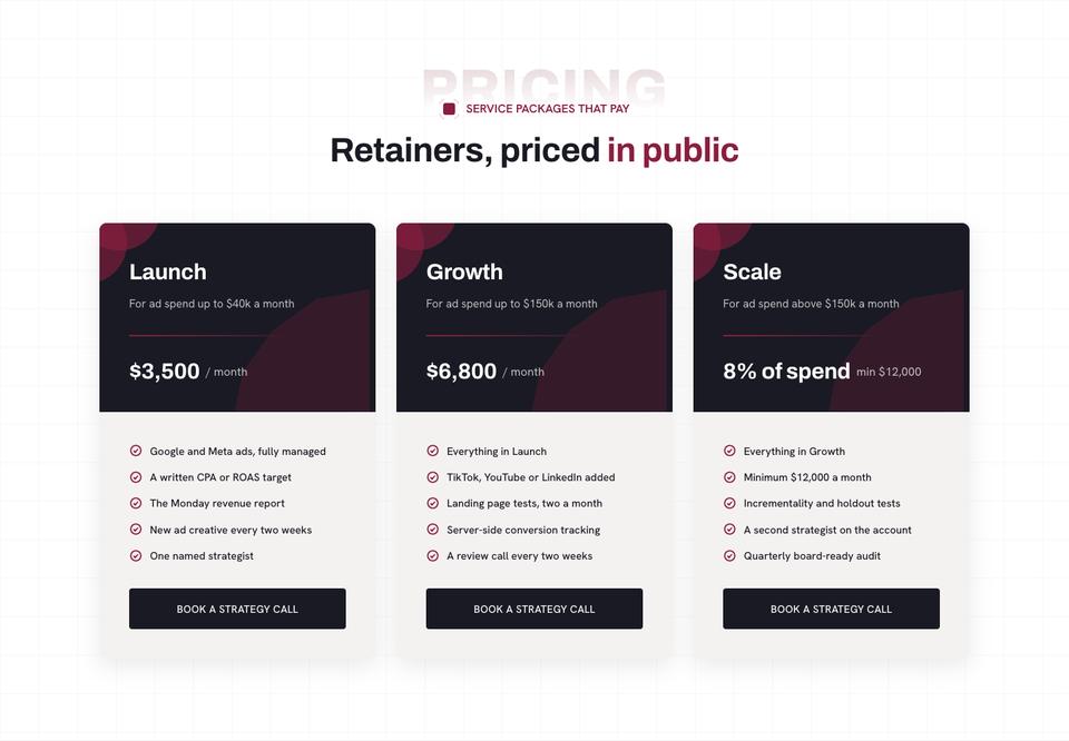 Bold Agency template — Pricing section