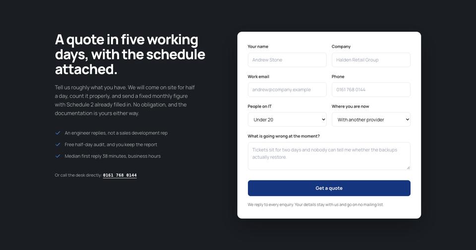 IT Solutions template — Get a quote section