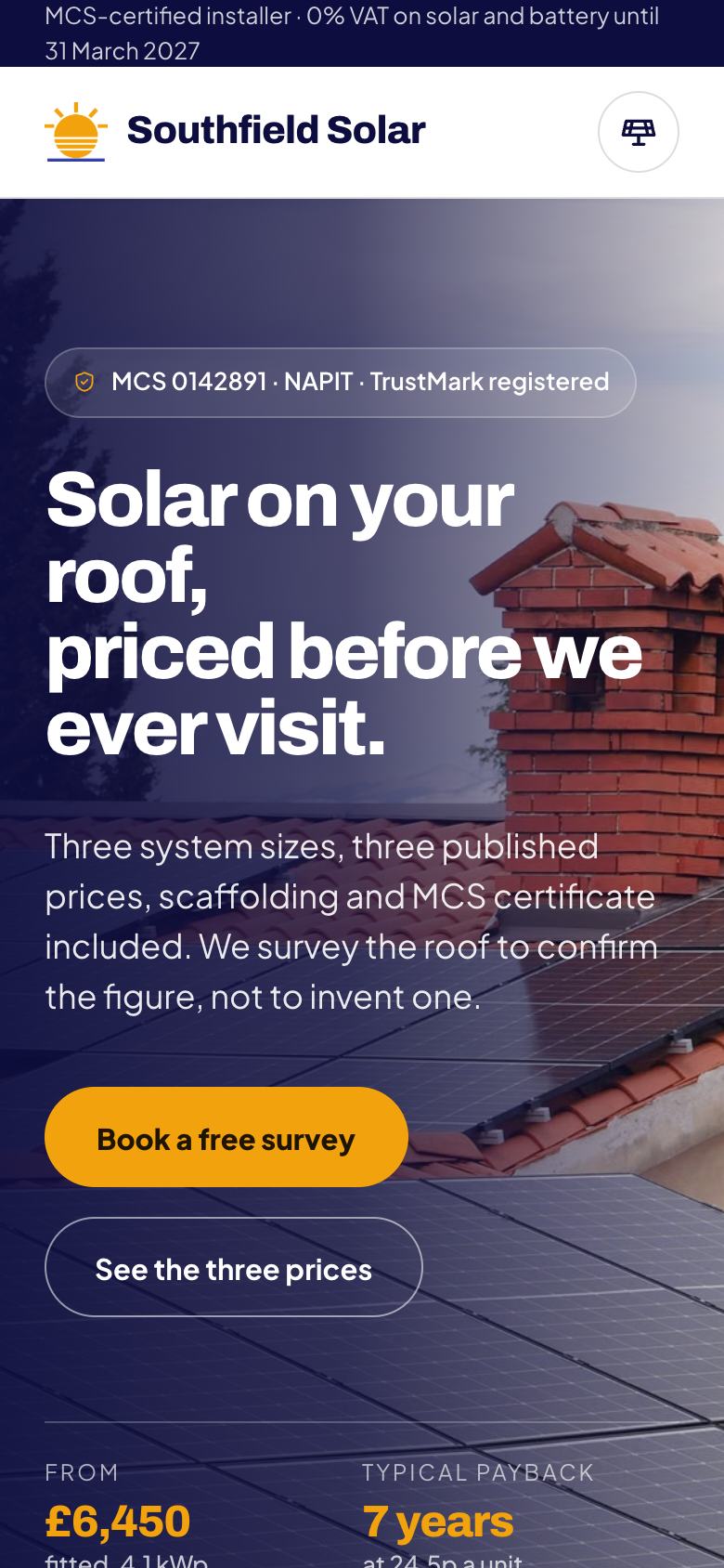 Solar landing page template on a phone