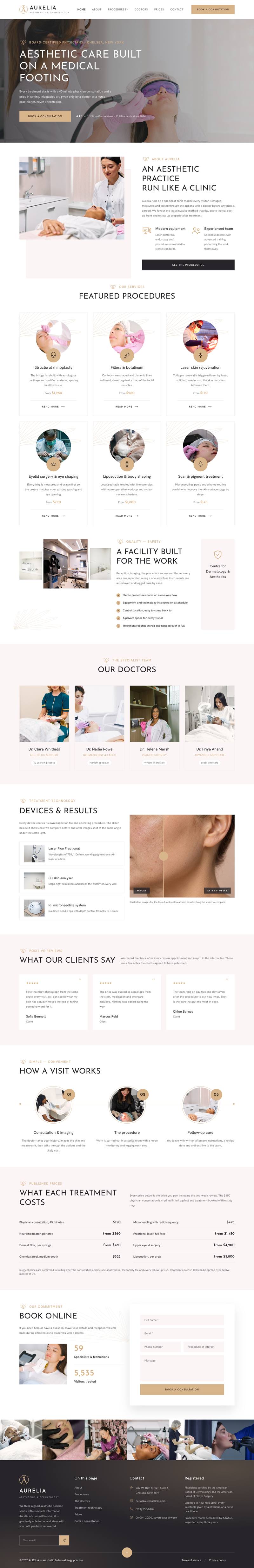 Aesthetic Clinic template, the whole page on desktop