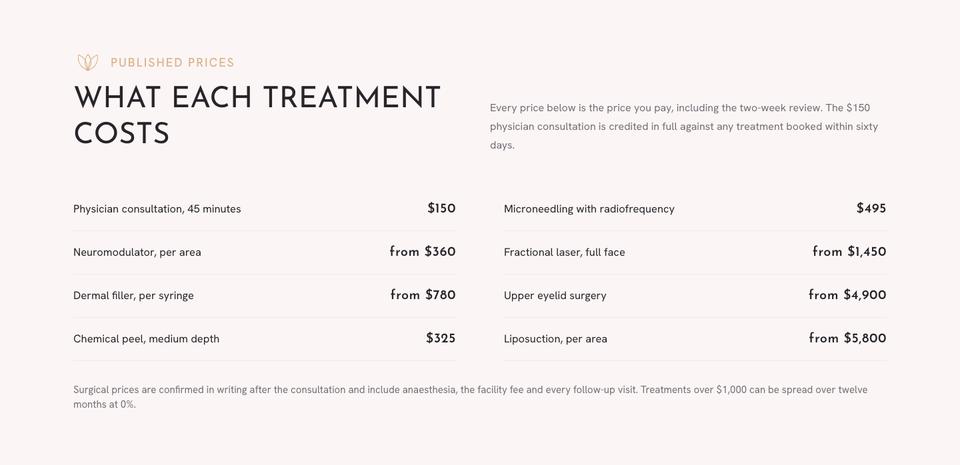 Aesthetic Clinic template — Prices section