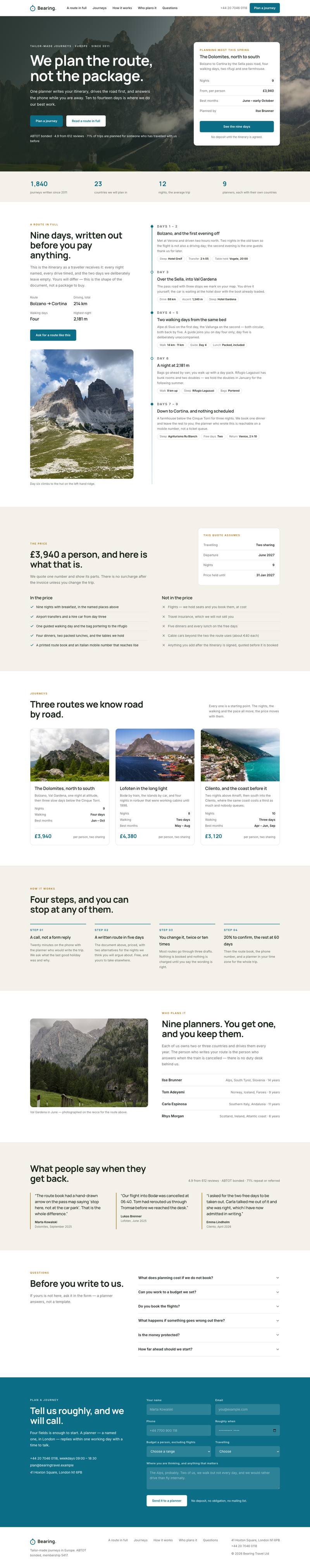 Tailor-made Travel template, the whole page on desktop