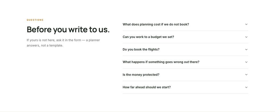 Tailor-made Travel template — Questions section