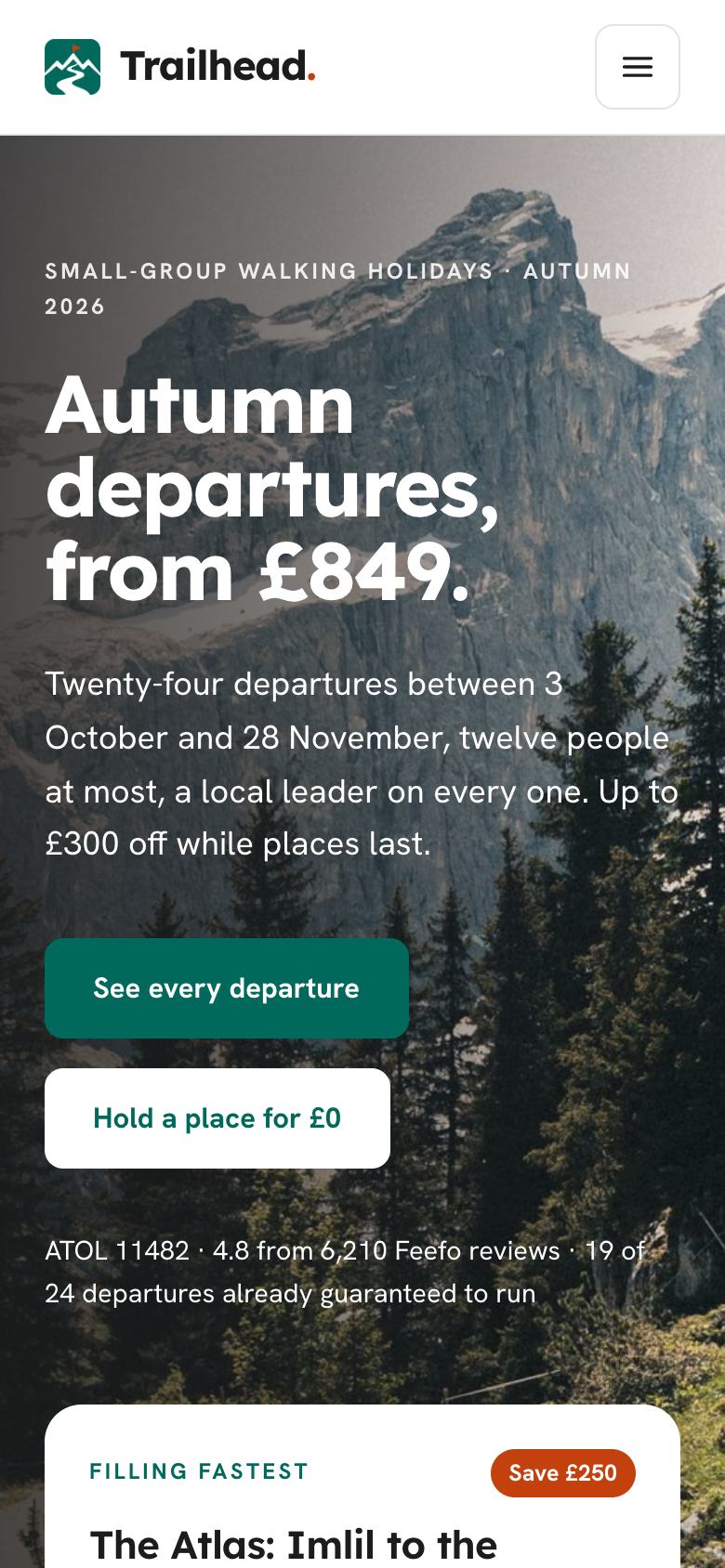 Tour Departures landing page template on a phone
