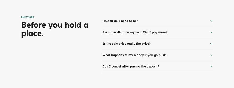 Tour Departures template — Questions section