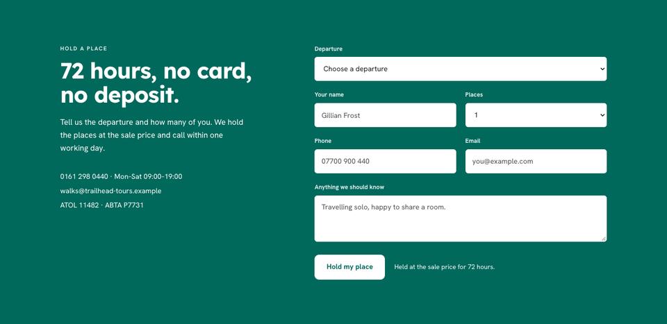 Tour Departures template — Hold a place section