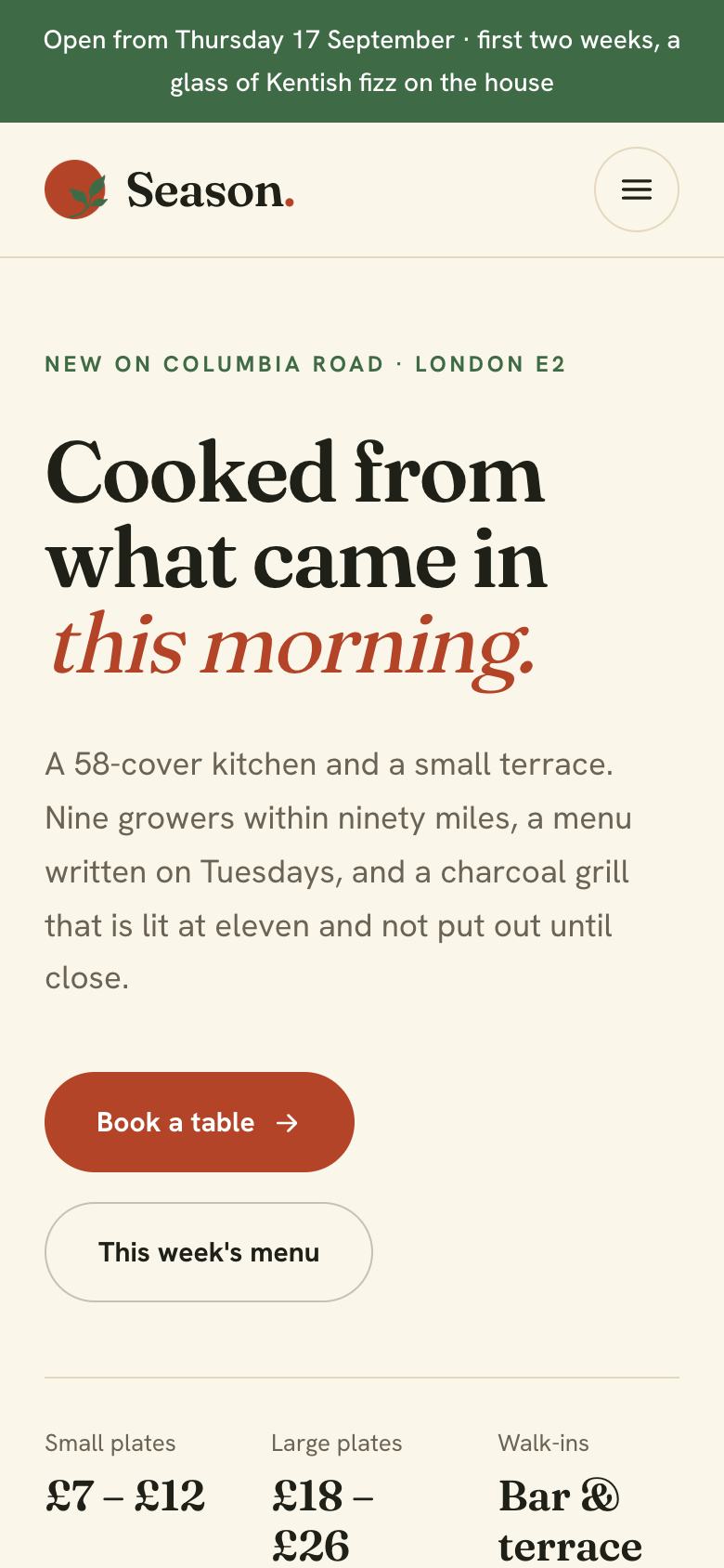 Seasonal Kitchen landing page template on a phone
