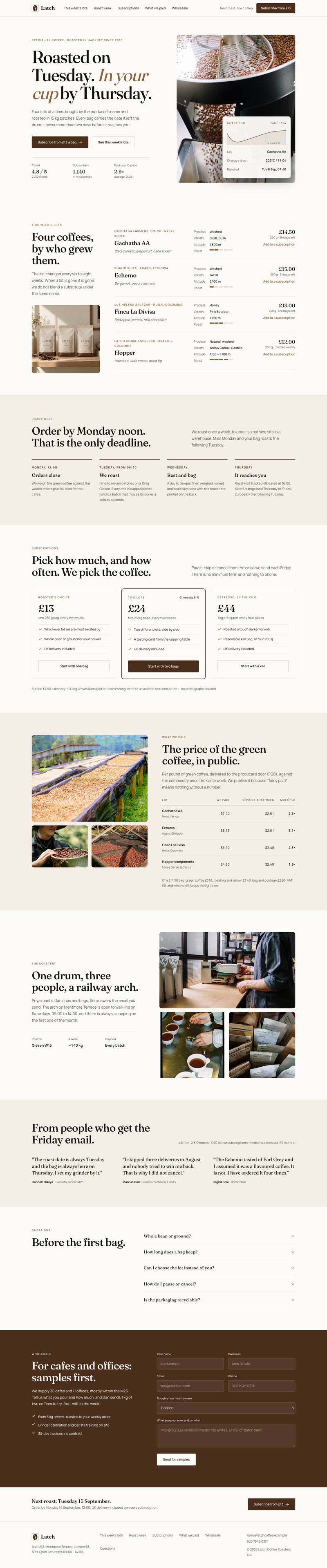Coffee Roastery template, the whole page on desktop