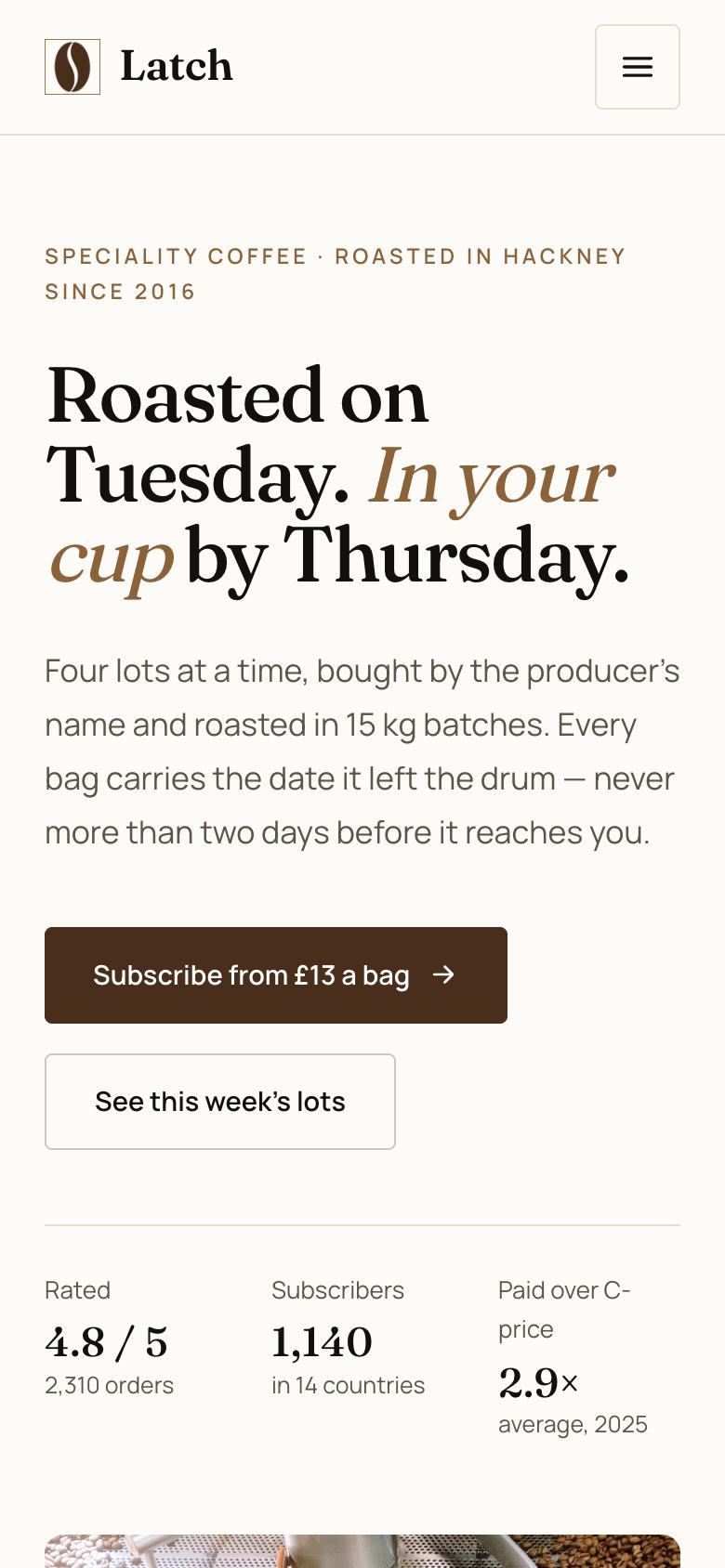 Coffee Roastery landing page template on a phone