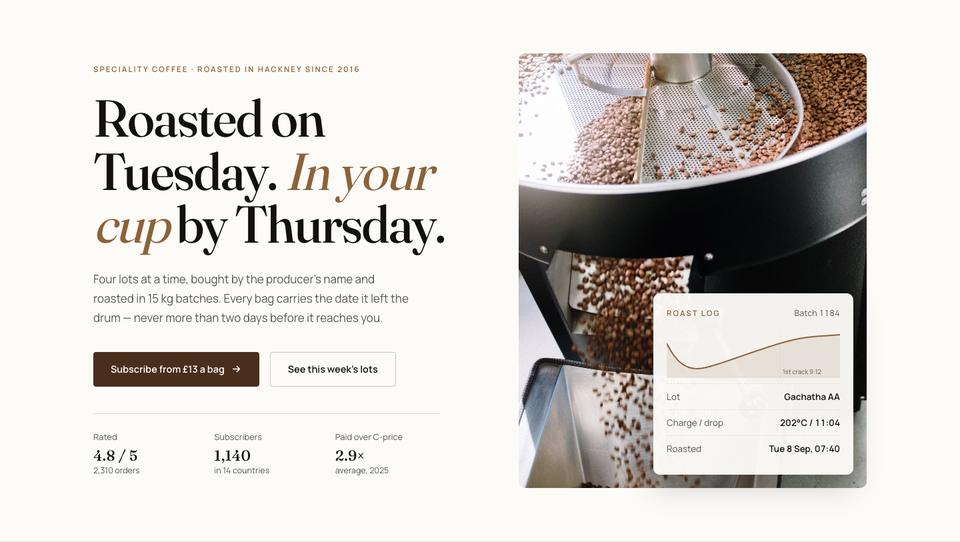 Coffee Roastery template — Hero section