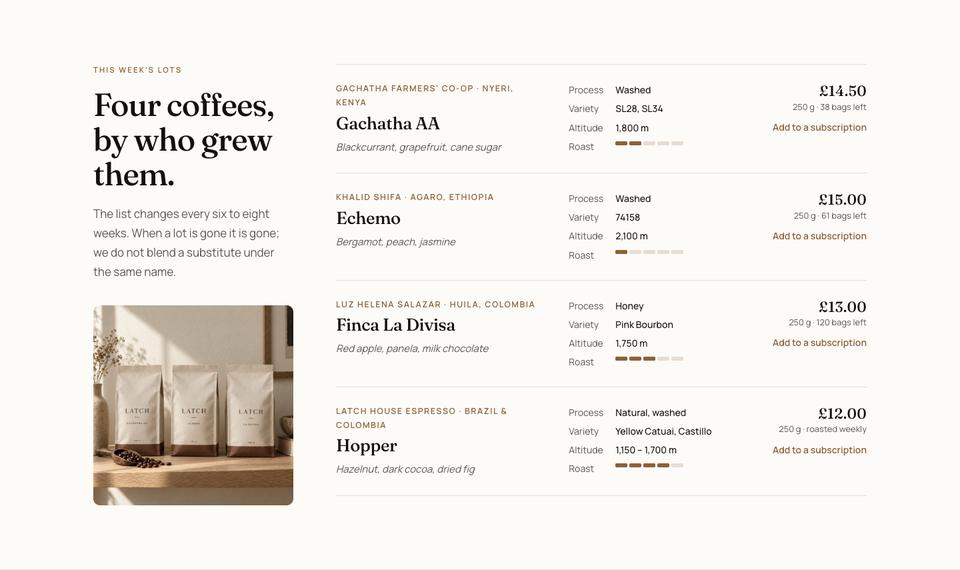 Coffee Roastery template — This week's lots section