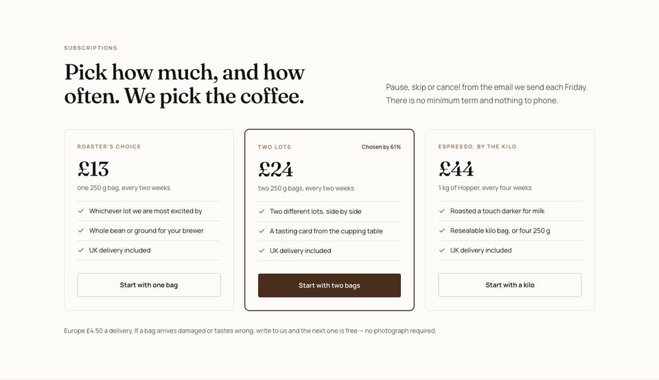 Coffee Roastery template — Subscriptions section