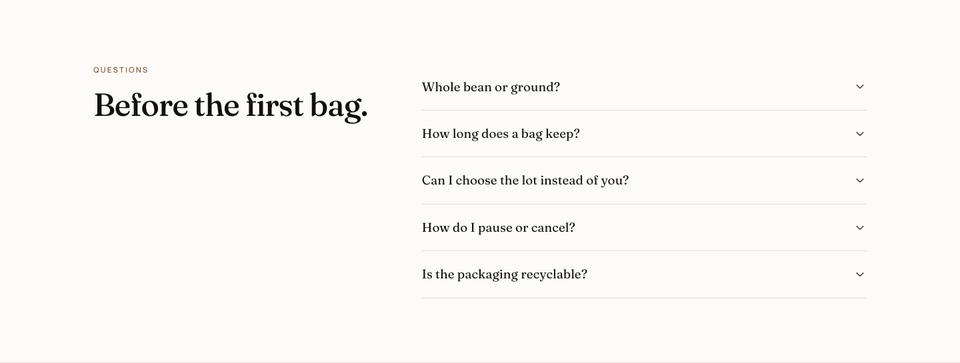 Coffee Roastery template — Questions section
