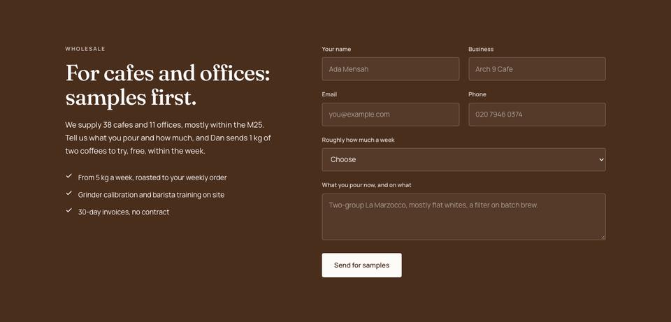 Coffee Roastery template — Wholesale section