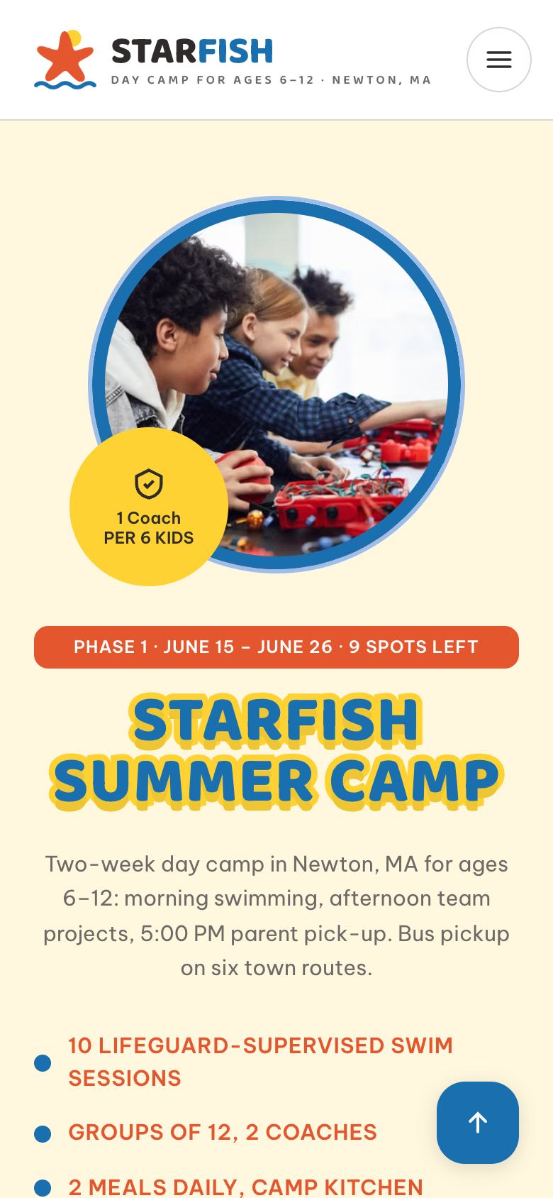 Summer Camp landing page template on a phone