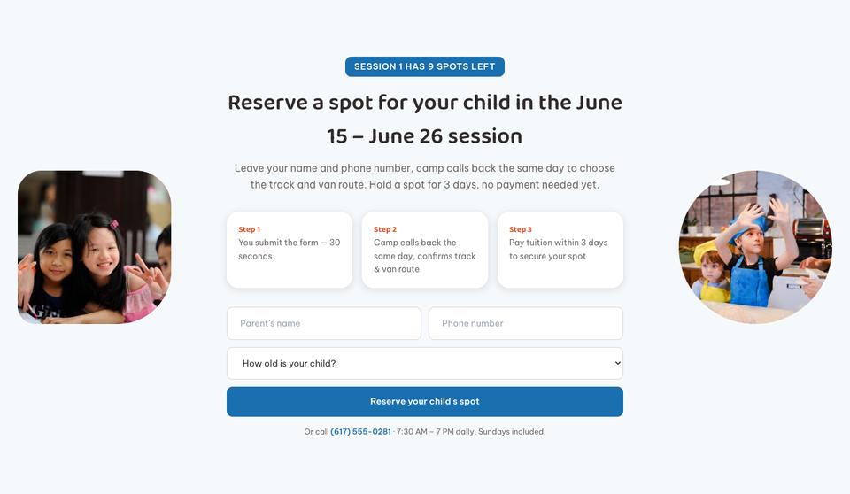 Summer Camp template — Reserve a place section