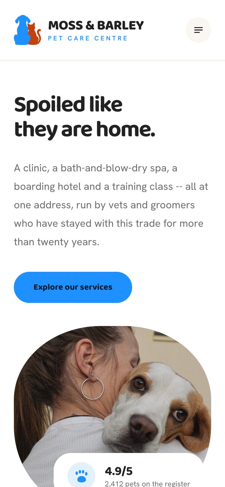 Pet Care landing page template on a phone