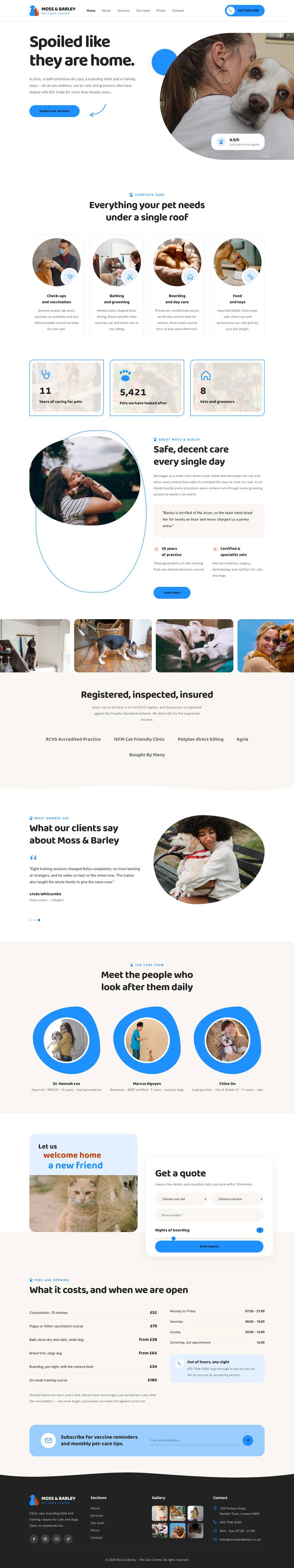 Pet Care template, the whole page on desktop