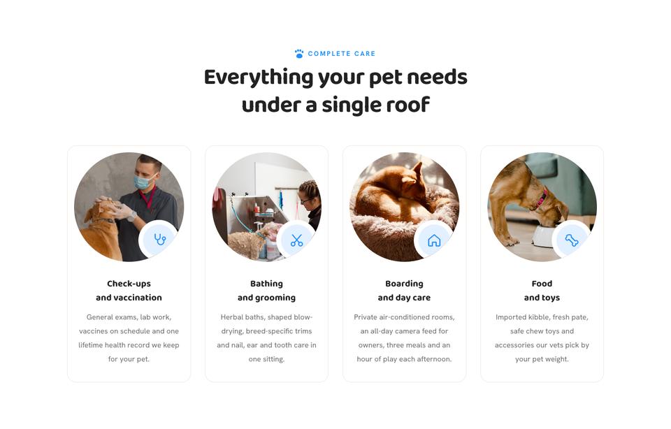 Pet Care template — Services section