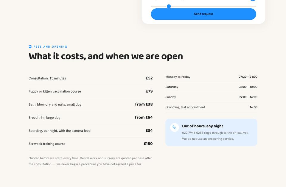Pet Care template — Fees and opening section
