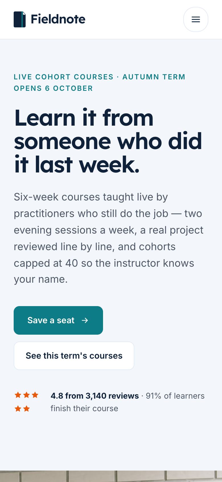 Learning Platform landing page template on a phone
