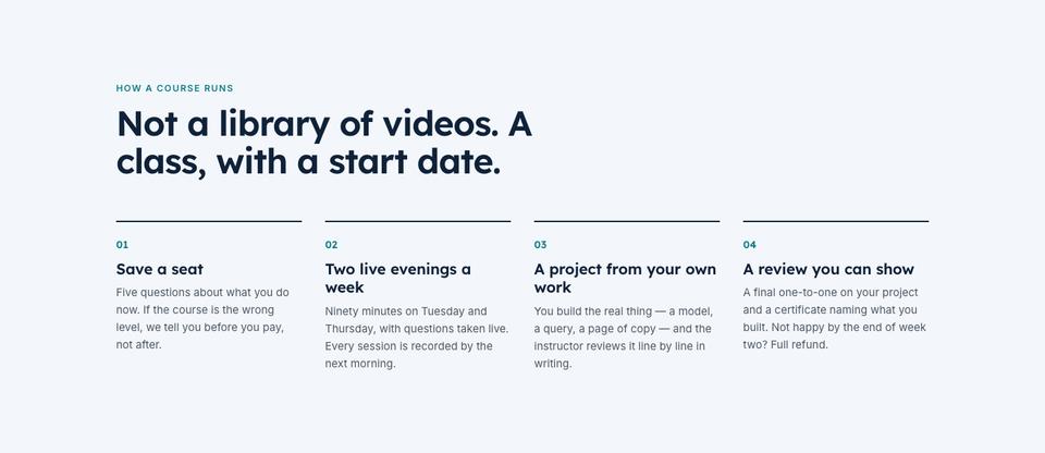 Learning Platform template — How a course runs section