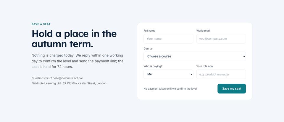 Learning Platform template — Save a seat section