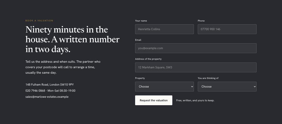 Estate Agency template — Book a valuation section