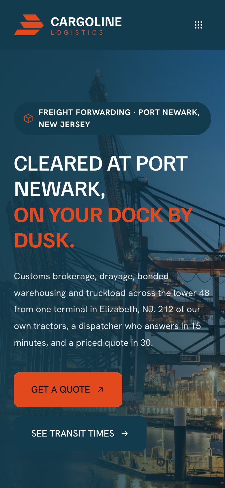 Logistics landing page template on a phone