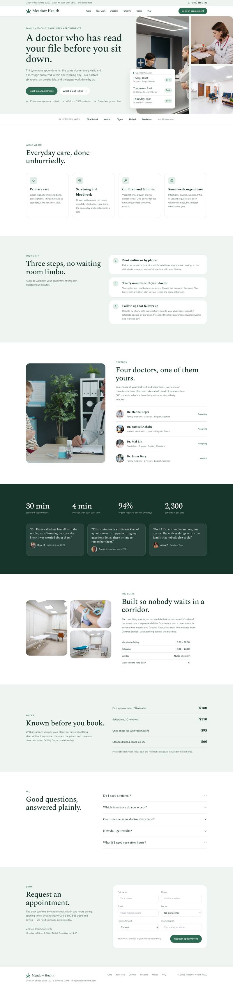Calm Clinic template, the whole page on desktop