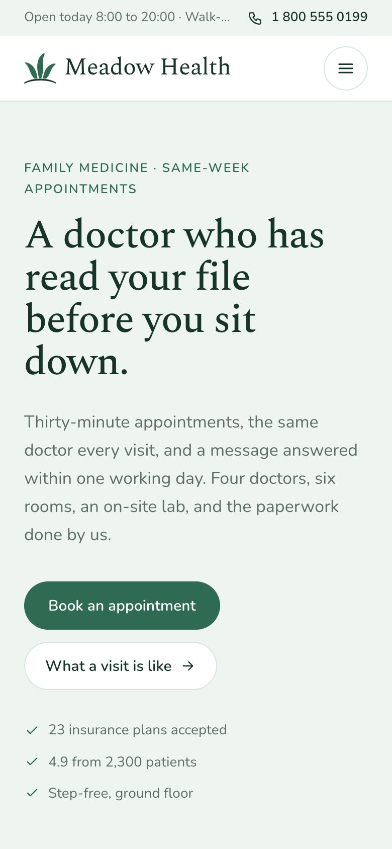 Calm Clinic landing page template on a phone