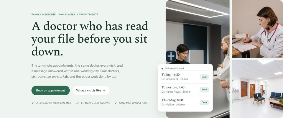 Calm Clinic template — Hero section