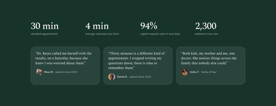 Calm Clinic template — Numbers and patient quote section