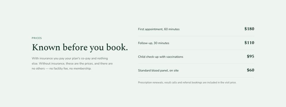 Calm Clinic template — Prices section
