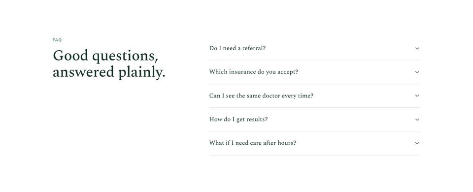 Calm Clinic template — Questions section
