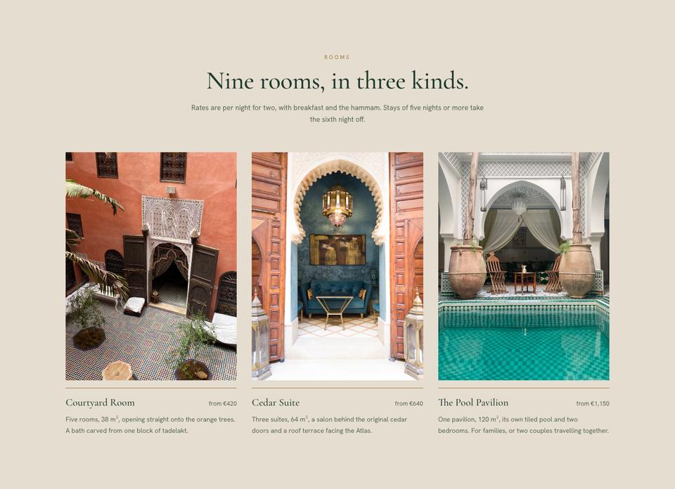 Quiet Luxury Stay template — Rooms section