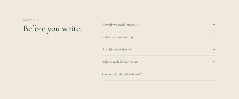 Quiet Luxury Stay template — Questions section