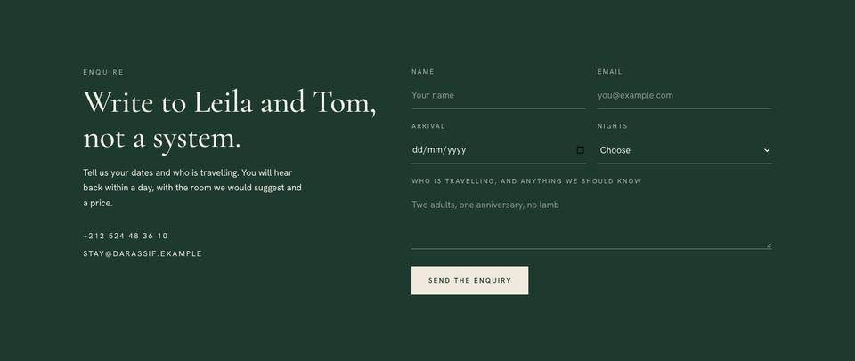 Quiet Luxury Stay template — Enquire section