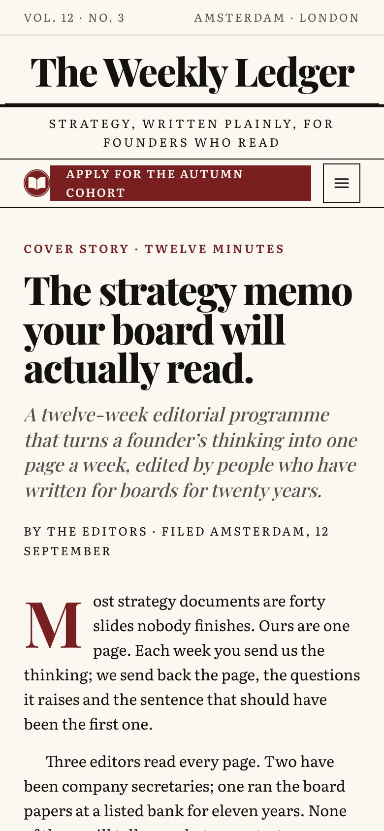 Broadsheet Editorial landing page template on a phone