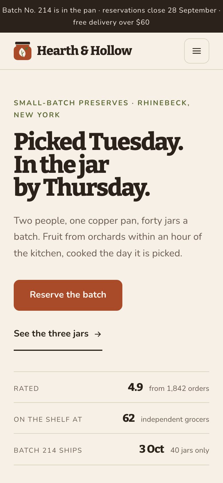 Small-Batch Craft landing page template on a phone