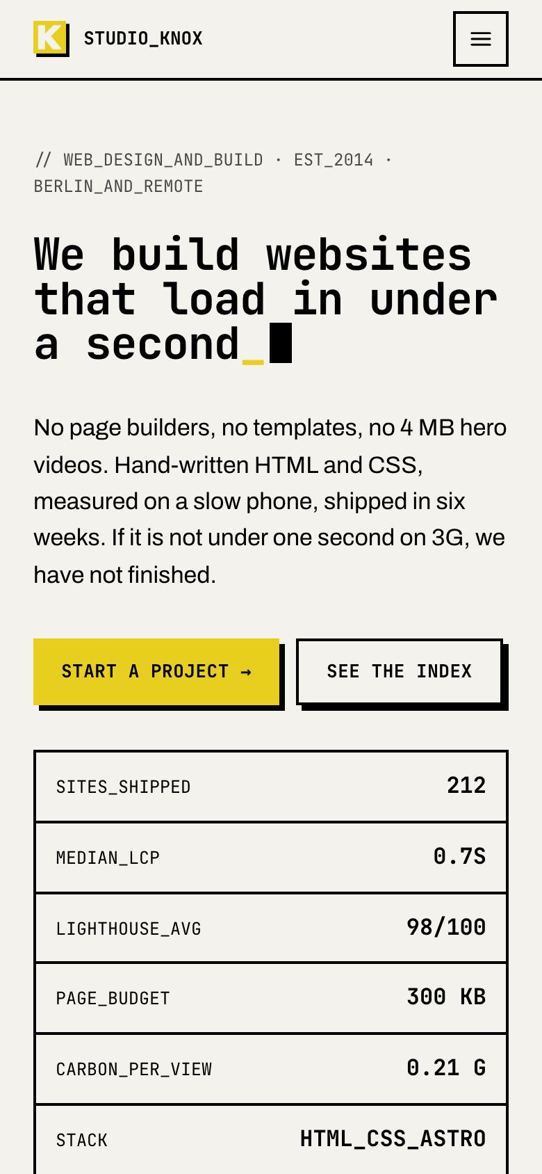 Raw Monospace landing page template on a phone
