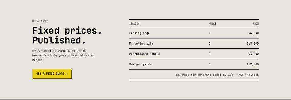 Raw Monospace template — 04 // rates section
