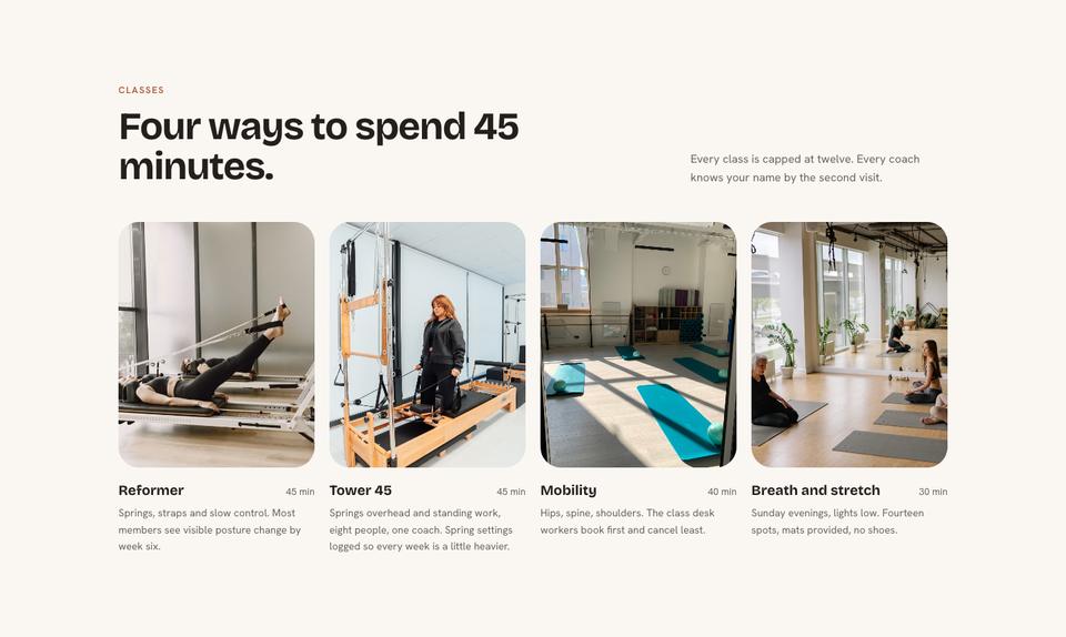 Boutique Studio template — Classes section