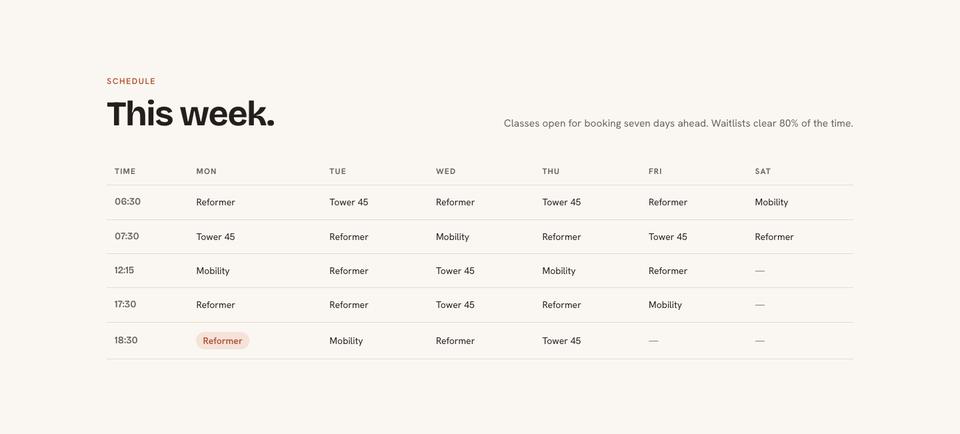 Boutique Studio template — Schedule section