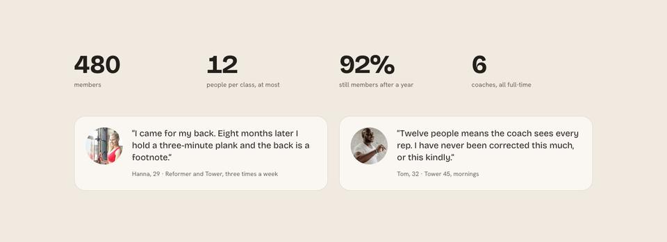 Boutique Studio template — Numbers and member quote section