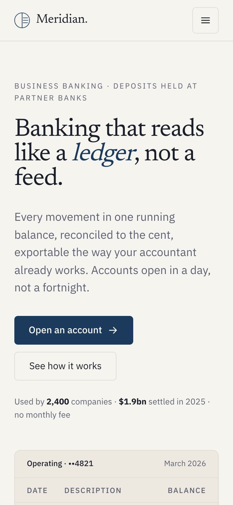 Quiet Ledger landing page template on a phone