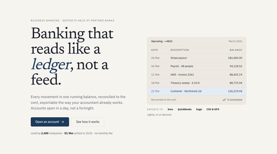 Quiet Ledger template — Hero section
